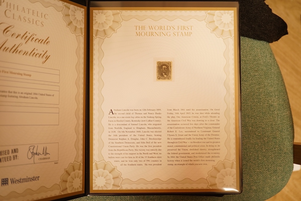 Five presentation folders of stamps issued by the Westminster collection as part of The World’s Most Famous Stamps and Philatelic Classics series including; a USA 1847 letter with 5c stamp, the 3d Beaver Canada stamp, tw